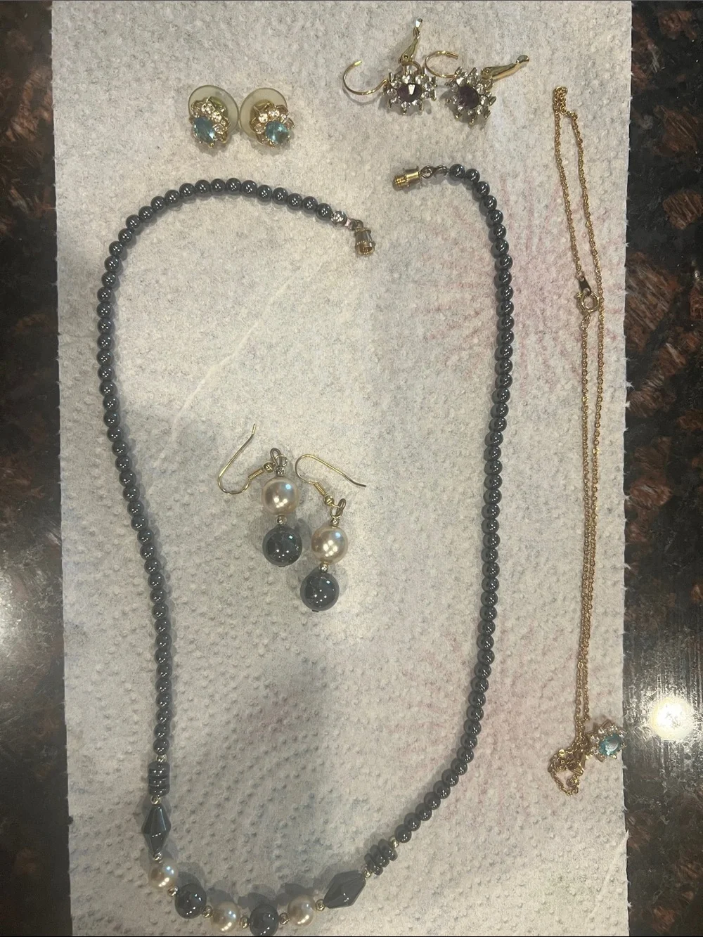 Women's Hematite and Pearl Beaded Necklace with Matching Earrings